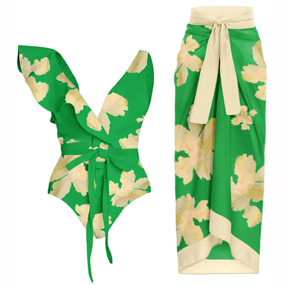 

Vintage Bathing Suit deep V Ruffled Floral Print Bikini Set One-piece Swimsuit Skirt Women Swimming Lacing Up Beachwear