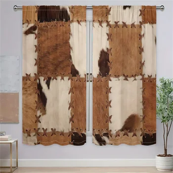 2Pcs Vintage Patchwork Leather Curtains Western Cowboy Style Living Room Bedroom Window Decorative Curtains Country Style 2