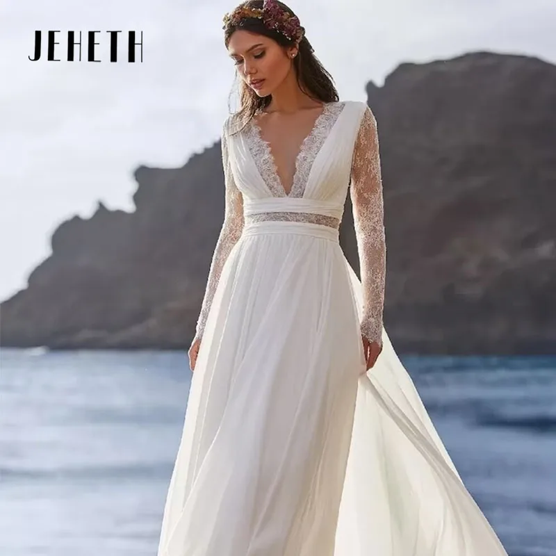 

JEHETH A-Line Wedding Dresses Beach V-Neck Long Sleeves Illusion Button Chiffon Bridal Gown Elegant Floor Length Vestidos