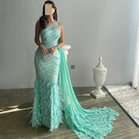 Luxury Feather Turquoise Aqua One Shoulder Mermaid Evening Dress with Cape Train Long Prom Wedding Party Gowns 498 1