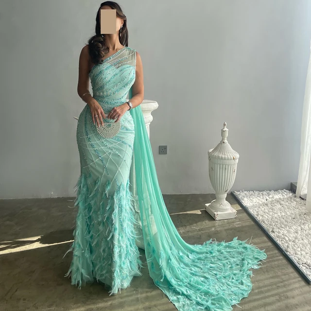 Luxury Feather Turquoise Aqua One Shoulder Mermaid Evening Dress with Cape Train Long Prom Wedding Party Gowns 498 1