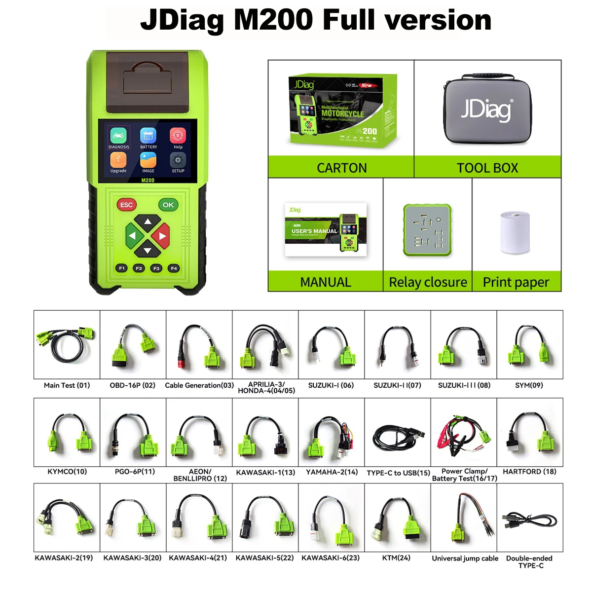 JDiag M200 Motorcycle Diagnostic OBD2 Scanner Moto Fault Code Reader Battery Tester Motoscan