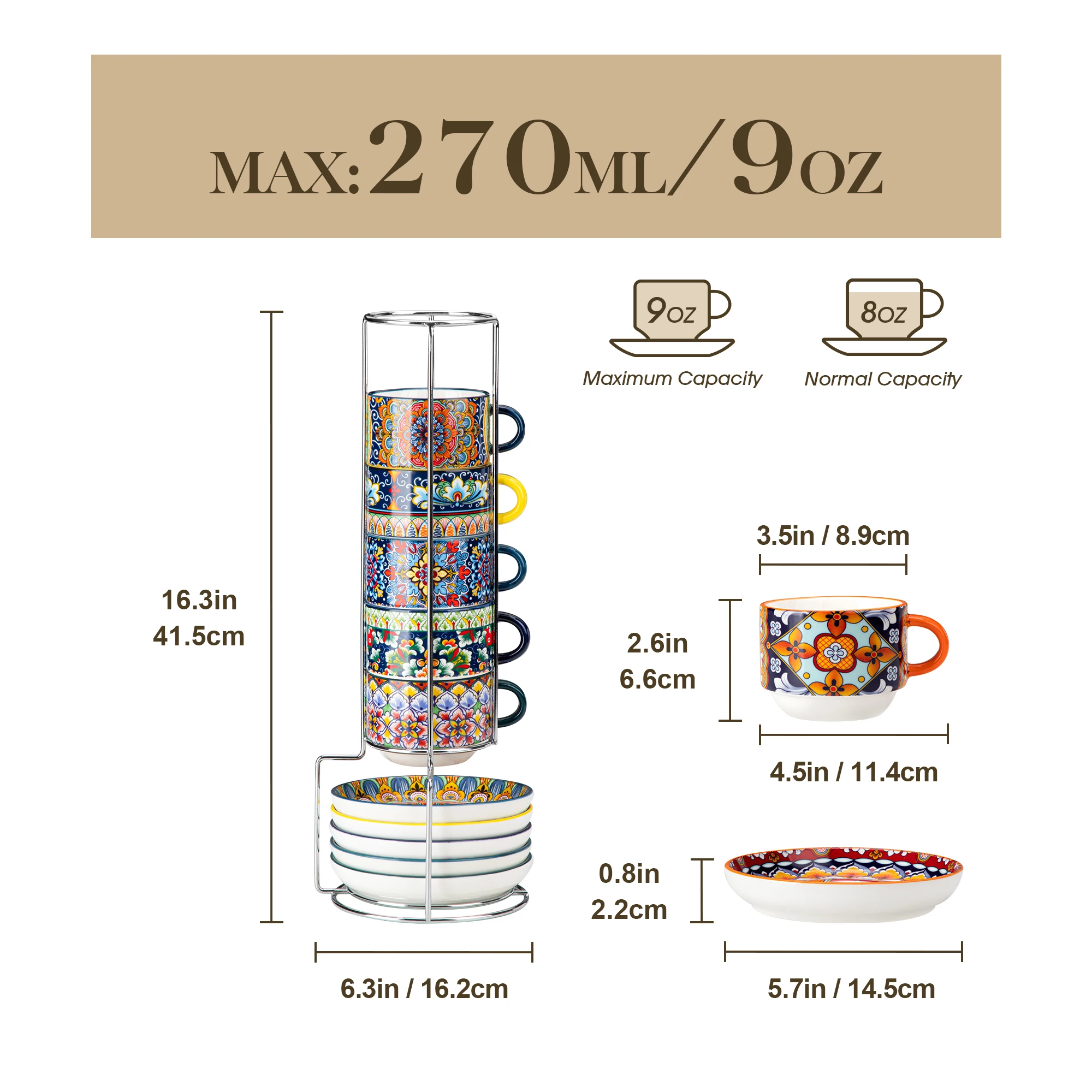 vancasso 6/12-teiliges 3/5/9 OZ Böhmisches Porzellan-Tassenset mit Untertassen und Metallständer, 6er-Set für Espresso, Cappuccino, Latte, Tee – Detail 4