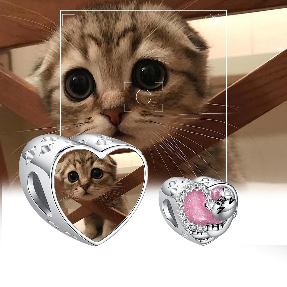

ELESHE 925 Sterling Silver Pet Cat Pink Enamel Heart Beads Fit Original Bracelet Customize Photo for Women DIY Jewelry Making
