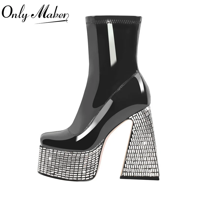 

Onlymaker Woman Platform Rhinestone Ankle Boots Square Toe Chunky Booties Thick High Heels Side Zip Mixed Colors Punk Boots