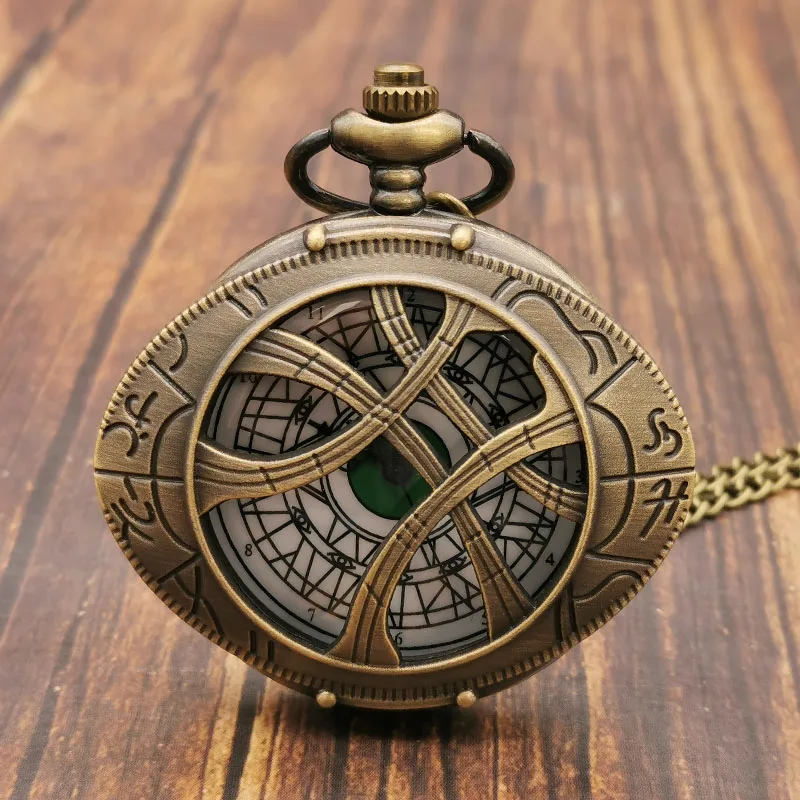 

Bronze Green Eye Hollow Quartz Pocket Watches Necklace Vintage Exquisite Men Women Pocket Watch Pendant with Chain Clock
