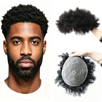 Parrucca da uomo in capelli umani ricci africani |   Copertura Completa con Base in Pizzo Traspirante, Ricci Naturali Morbidi, Vestibilità Comoda e Sicura