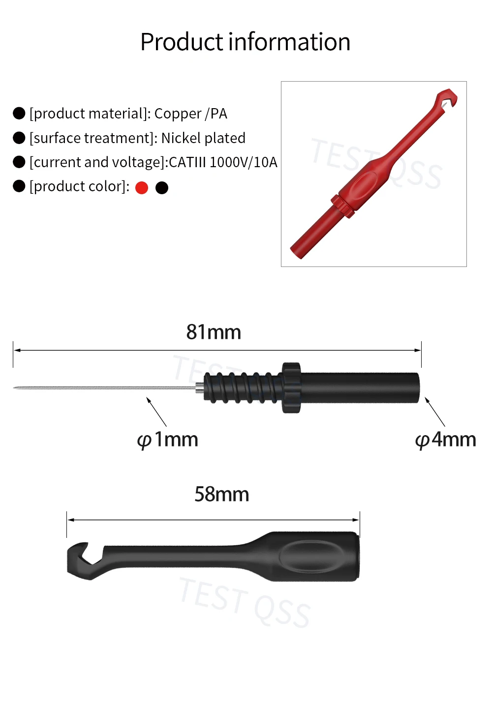 QSS 2PCS Mini Wire-Piercing Back Probe Pins Test Probe Nicht zerstörbar 4MM Jack Punktion Test Hook Tool für Automobil Reparatur – Detail 1