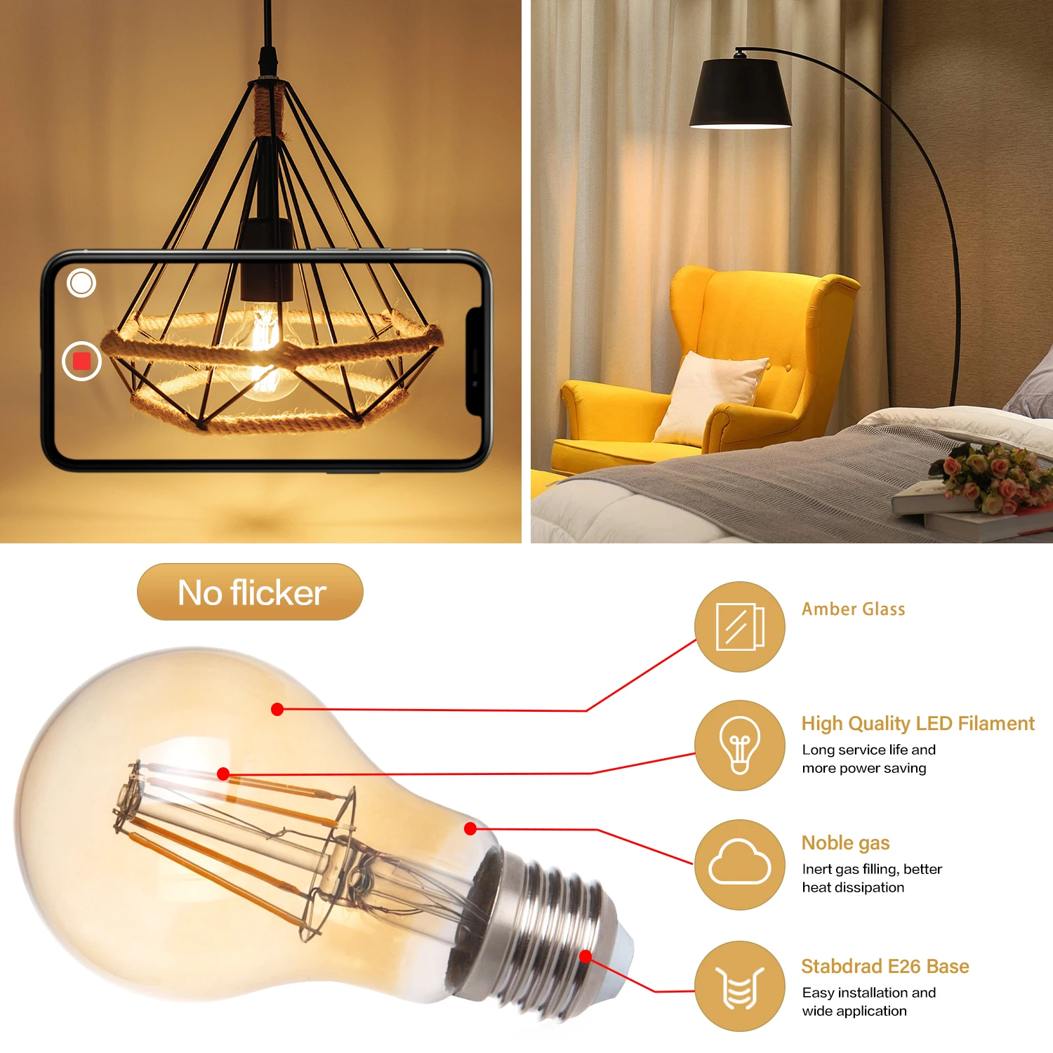 레트로 필라멘트 LED E27 전구 램프 A19 220V 8W 앰버 유리 70W 백열등 등가 LED 조명, 방 장, 10 개