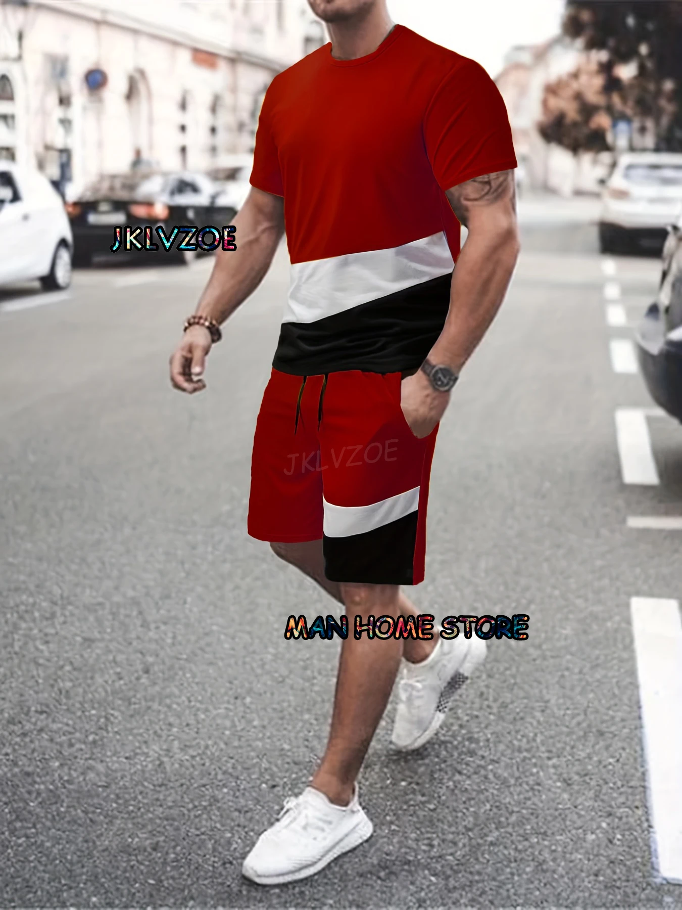 Summer Red Stripes Men's Casual Short Sleeve T-Shirt 2 Piece Sets 3d Printing Street Short Sleeved Suit Breathable Clothing