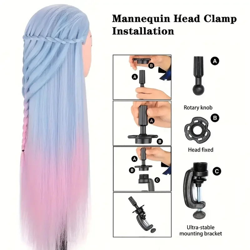 28" Mannequin Head Hair Styling Training Braiding Manikin Cosmetology Synthetic Hair For Hairdresser Free Clamp Hold