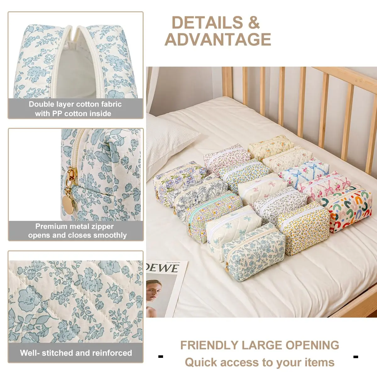 Storage Organizer Floral Puffy Quilted Makeup Bag Flower Printed Cosmetic Pouch Large Travel Cosmetic Bag Make up Aesthetic 3