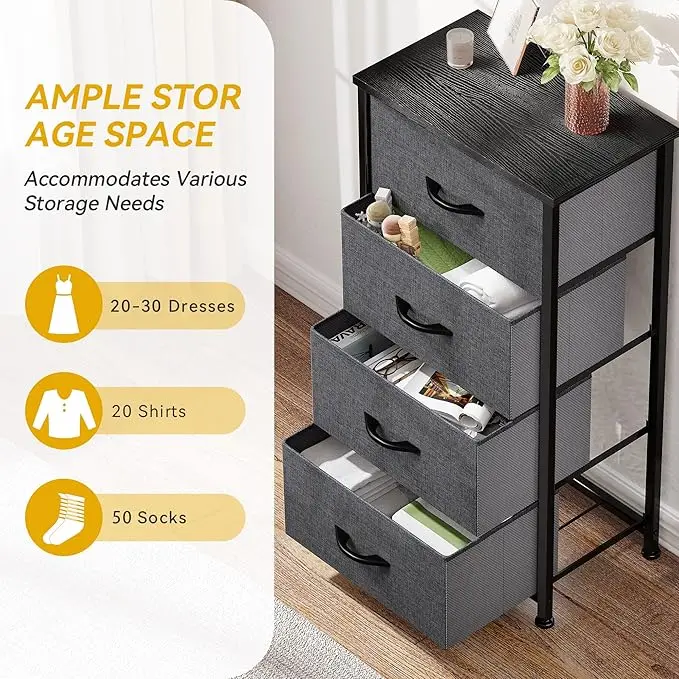 4-Drawer Fabric Storage Tower, Sturdy Steel Frame with Wooden Top, Perfect for Bedroom, Living Room, or Closet Organization 2