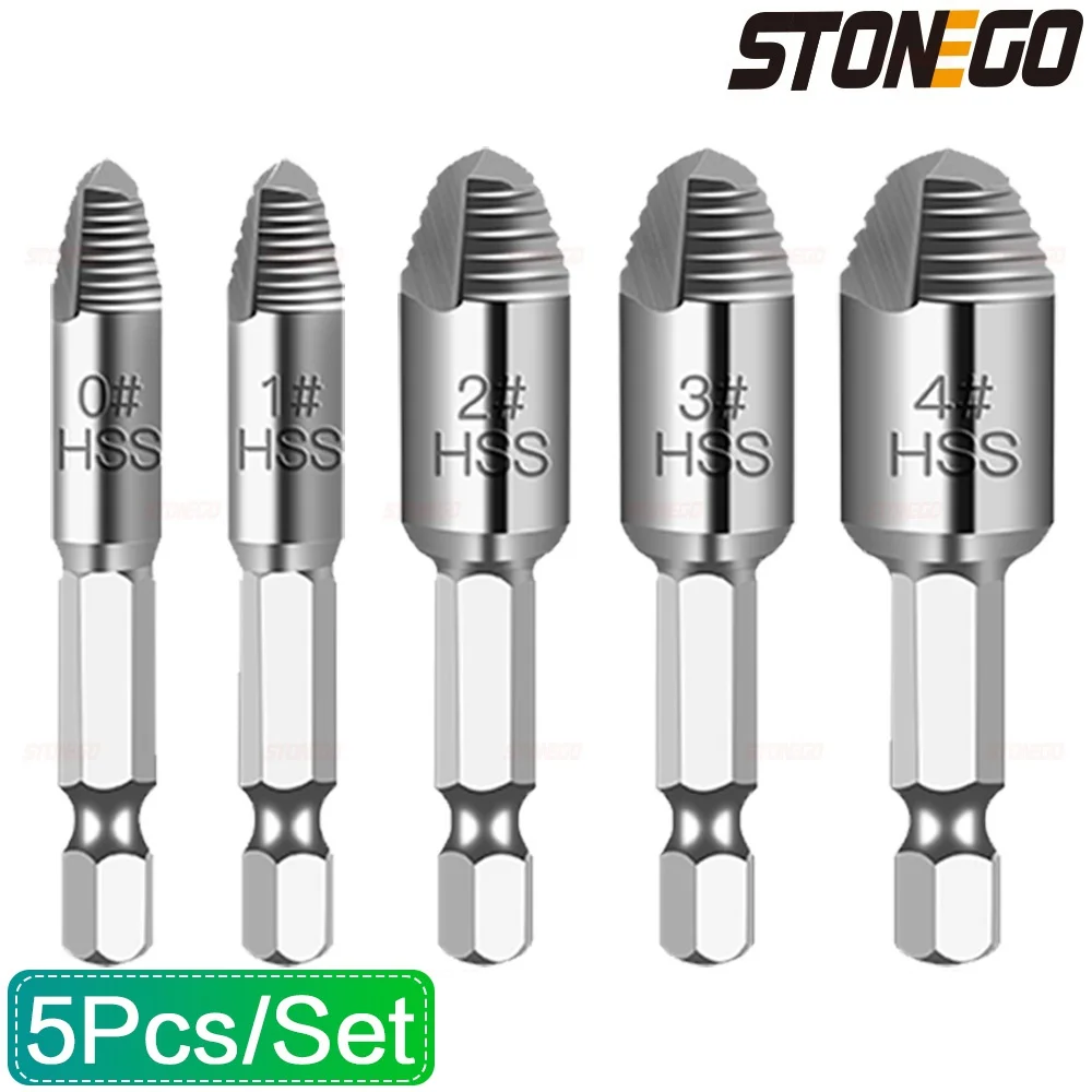 STONEGO 5Pcs/Set Damaged Screw Extractor Bolt Screw Stud Bolt Extractor Remover Hex Shank Drill Bit Tool Set, 0#, 1#, 2#, 3#, 4#