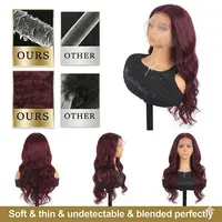 Perruque de cheveux humains ondulés bordeaux 99J de 30 pouces, perruque frontale en dentelle HD transparente 13x6, densité 250, pré-plumée et colorée 6