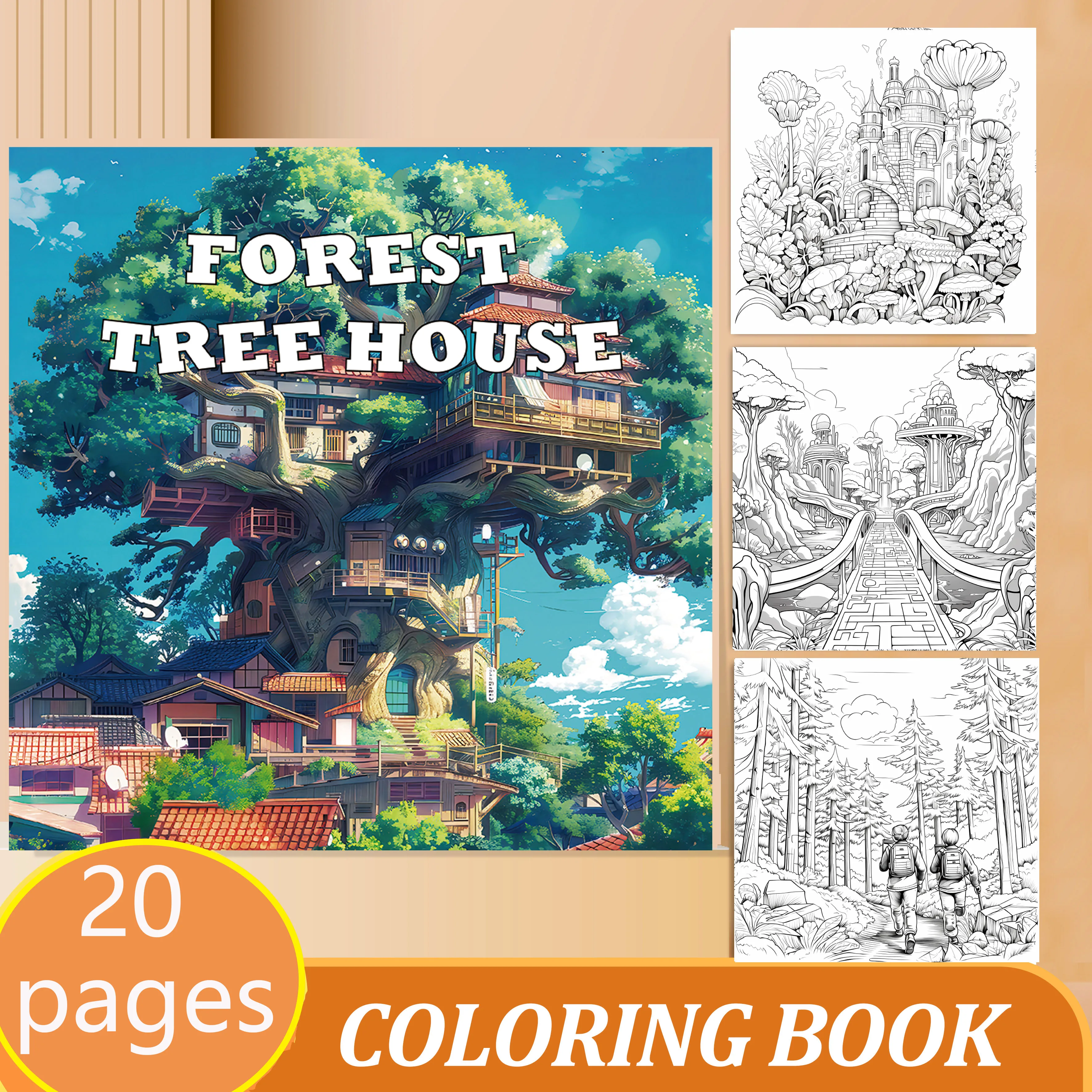 20-seitiges Baumhaus-Fantasy-Malbuch für Erwachsene mit Landschaftsmuster-Designs zur Stresslinderung und Entspannung DIY Graffiti-Malbuch – Detail 5
