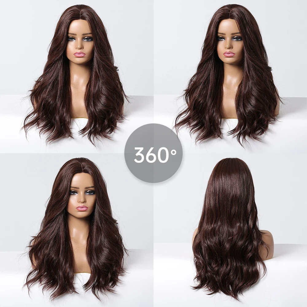 Blend Human Hair Wigs Long Body Wavy Chocolate Brown Human Hair Blend Wigs Hand Tied Hairline Lace Wig for Women Daily Use