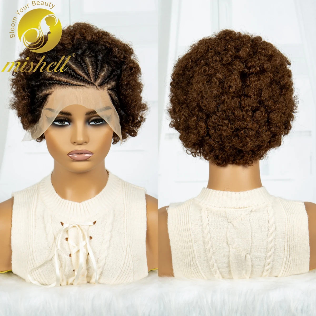 

1BT4 Color 6 inch 250% Density 13x4 Transparent Lace Afro Kinky Curly Human Hair Wigs with Braids Bouncy Curly Bob Wig for Women