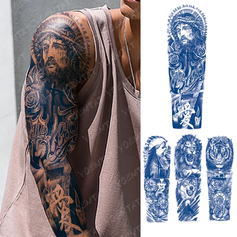 

Semi-Permanent Herbal Large Arm Tattoos Jesus Cross Text Word Waterproof Temporary Tattoo Stickers Lasting Fake Tatto Women Men