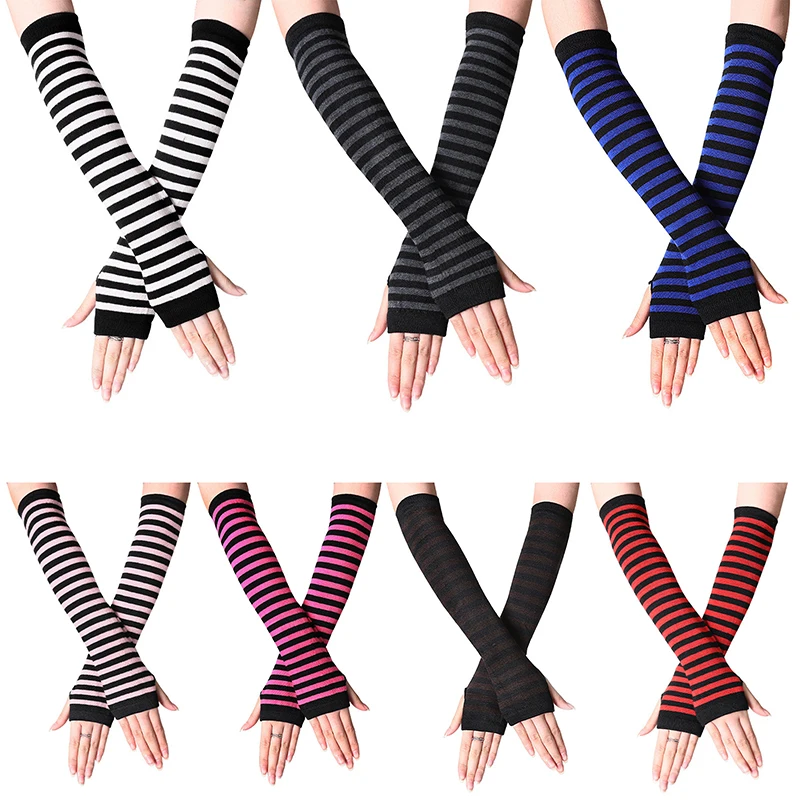 Fingerless Gloves Y2K Fashion Women Girls Striped Elbow Gloves Warmer Knitted Long