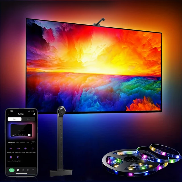 แถบไฟแบ็คไลท์ทีวี RGB-IC พร้อมเซ็นเซอร์สี AR ควบคุมผ่านแอป พร้อมซิงค์เพลง แสง RGB Ambient Light สำหรับหน้าจอขนาด 55 ถึง 85 นิ้ว 1