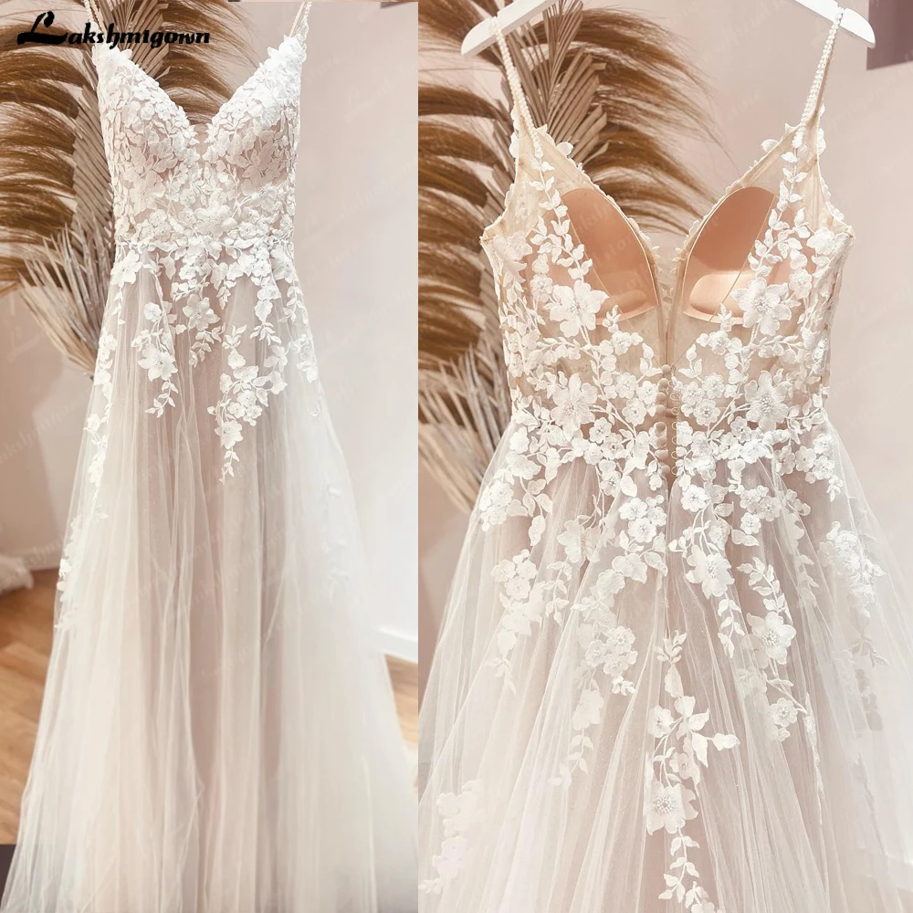 Vestido Boho Chic V넥 A라인 웨딩 원피스, 여성 신부 가운, 해변 드레스, 스파게티 스트랩 