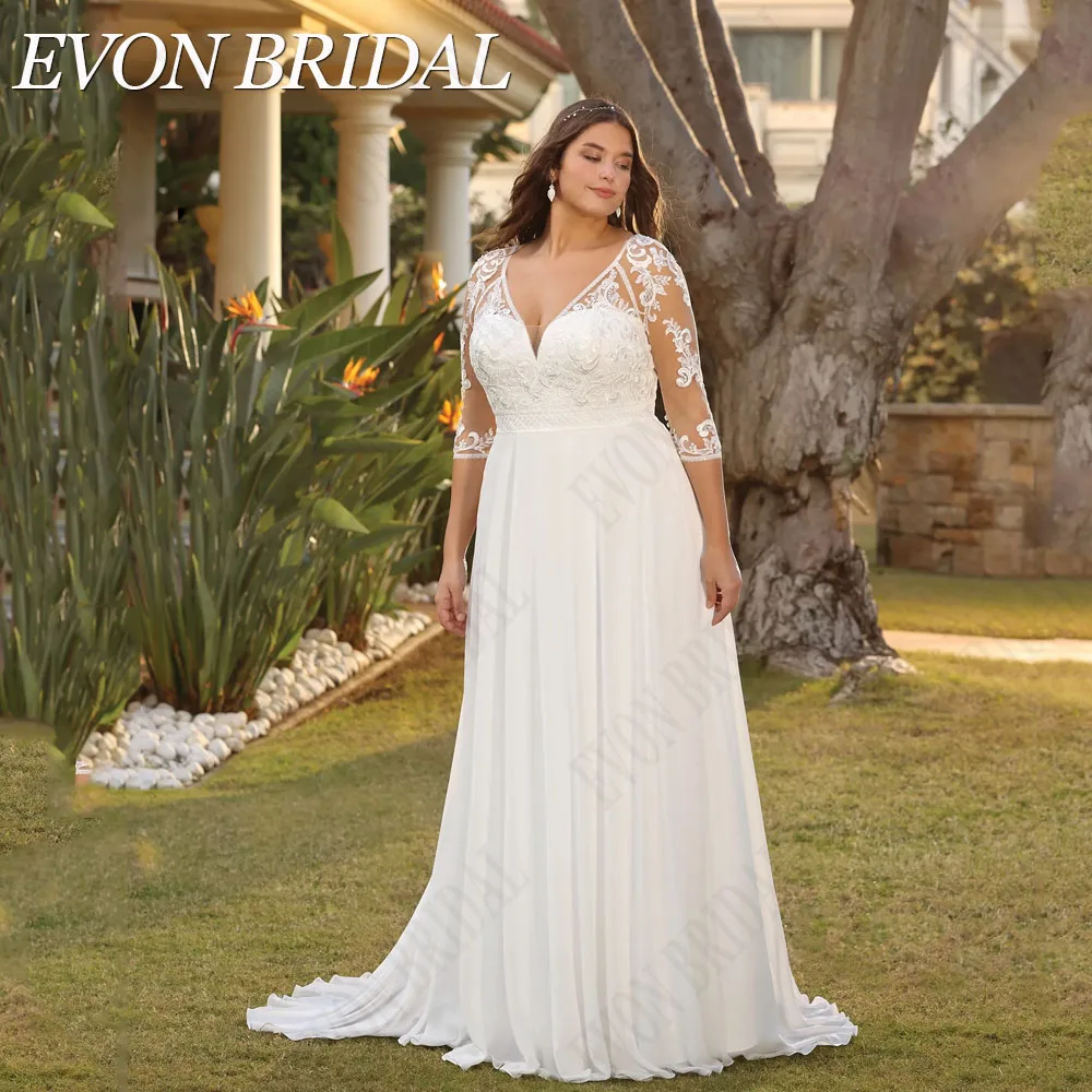 EVON BRIDAL Civil 3/4 Sleeves Plus Size Wedding Dress For Bride V-Neck Chiffon Bride Gown Robe De Mariée A-Line Customized 4