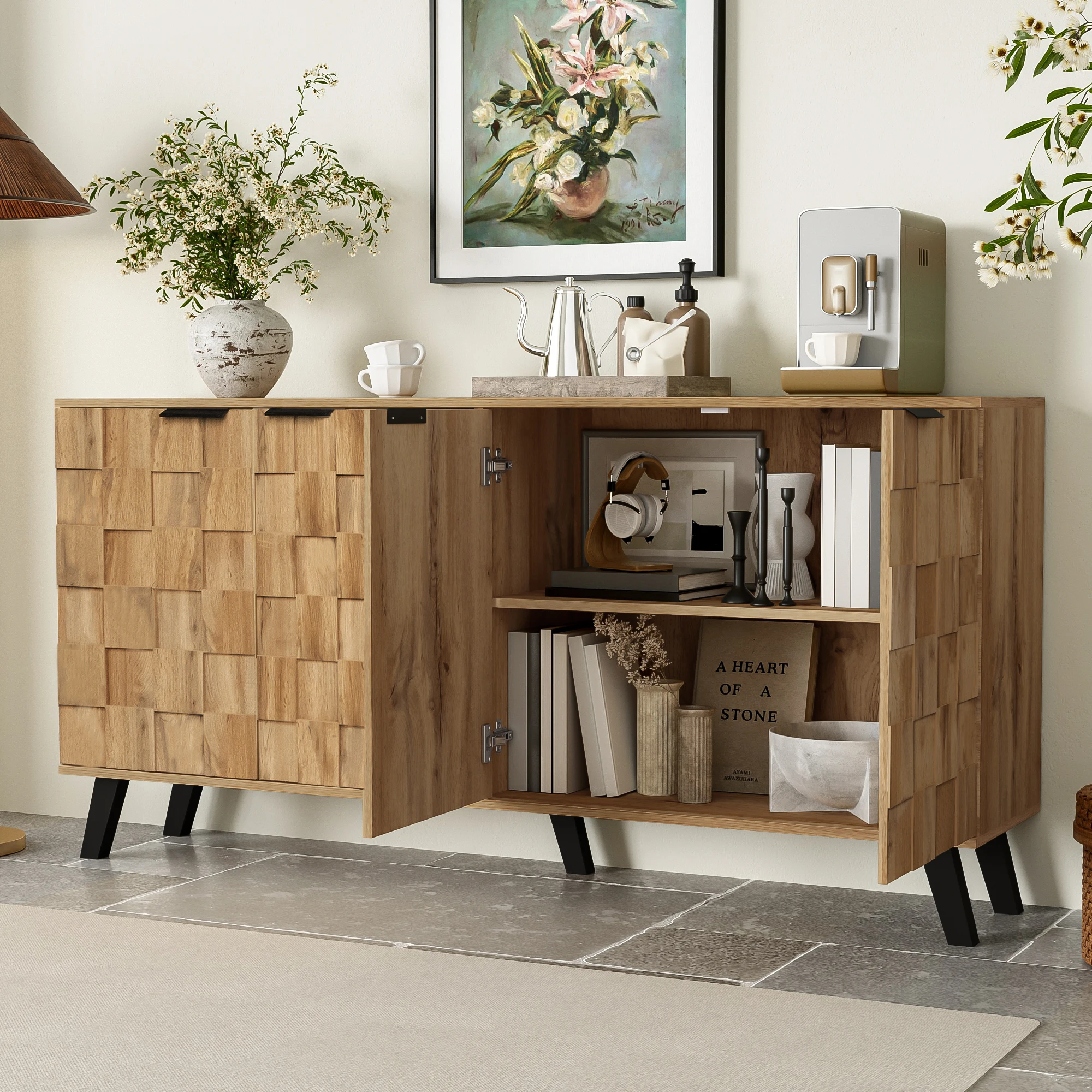 Rosahqnda Moderner TV-Schrank mit 2 Türen und 2 offenen Fächern, Hausmöbel-Sideboard-Schrank mit 4 Türen, Schuhschrank – Detail 29