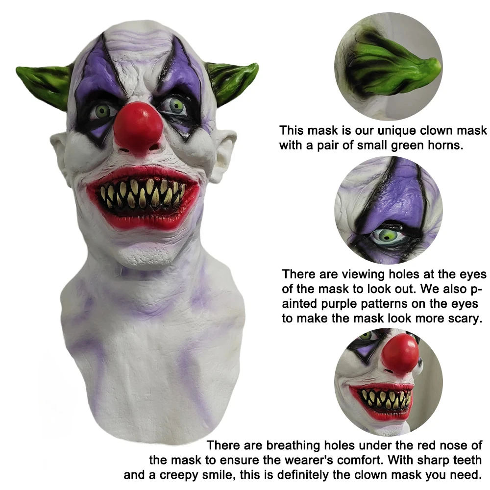 Cosplay Evil Joker Mask Horror Killer Clown Latex Full Face Masks Creepy Green Horned Red Nose Clown Head Cover Halloween Prop