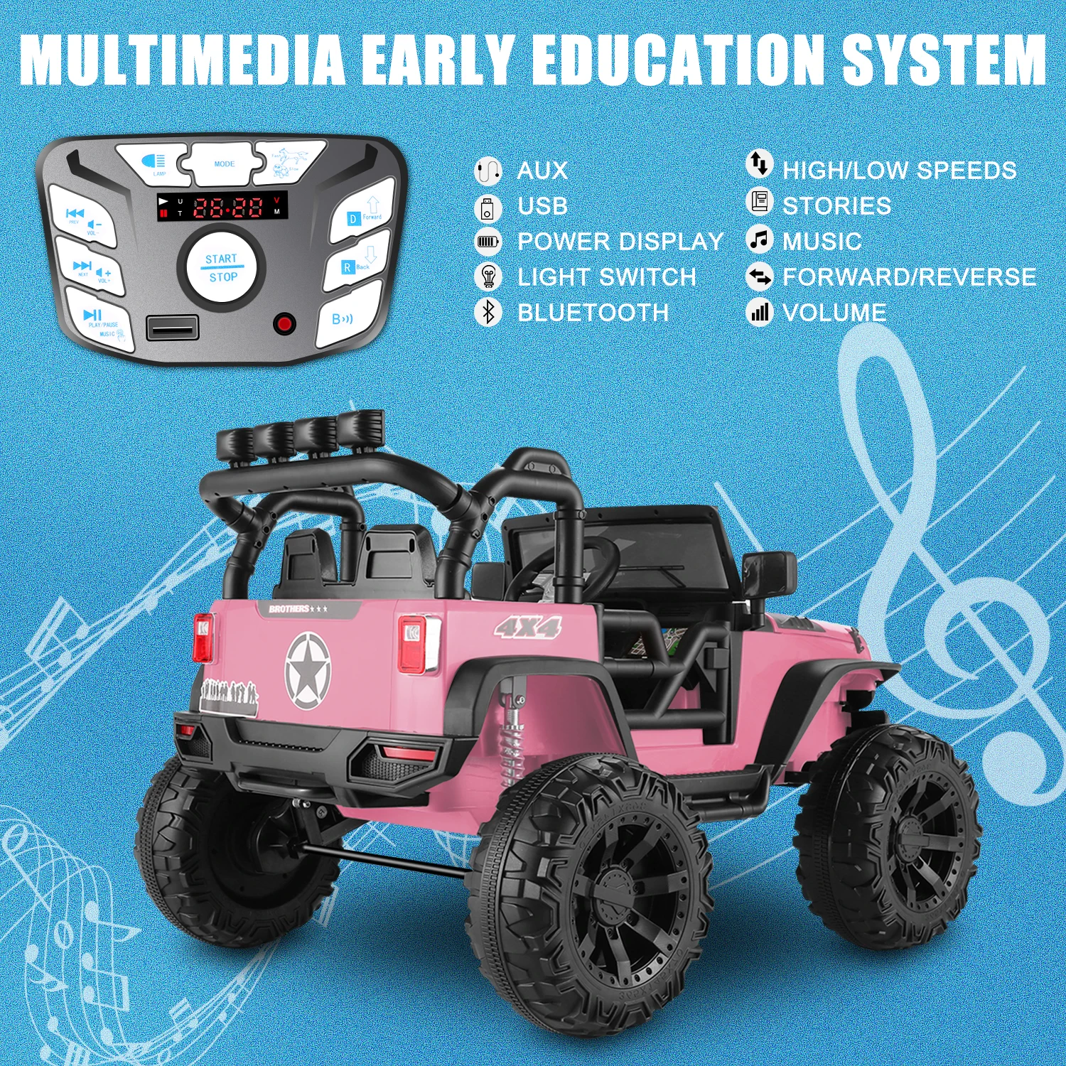 Kids 24V Ride on Car Truck with Remote Control-2 Seater Electric Jeeps Car, 2x200W Motor, Spring Suspension, 3 Speeds, Pink