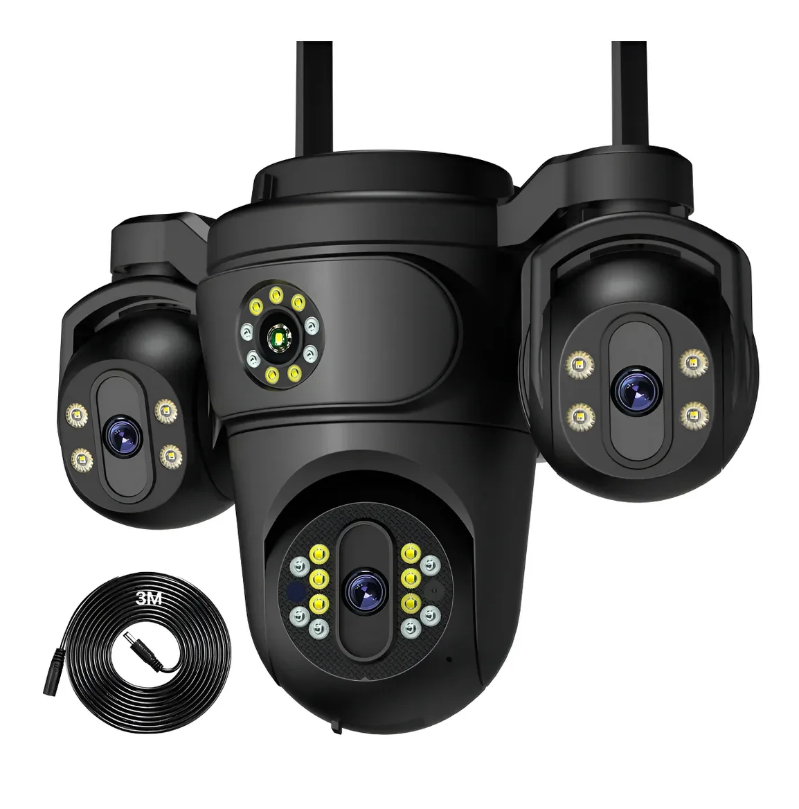 Cámara De Seguridad Wifi Exterior 360° Tres Lentes Alarma Negra
