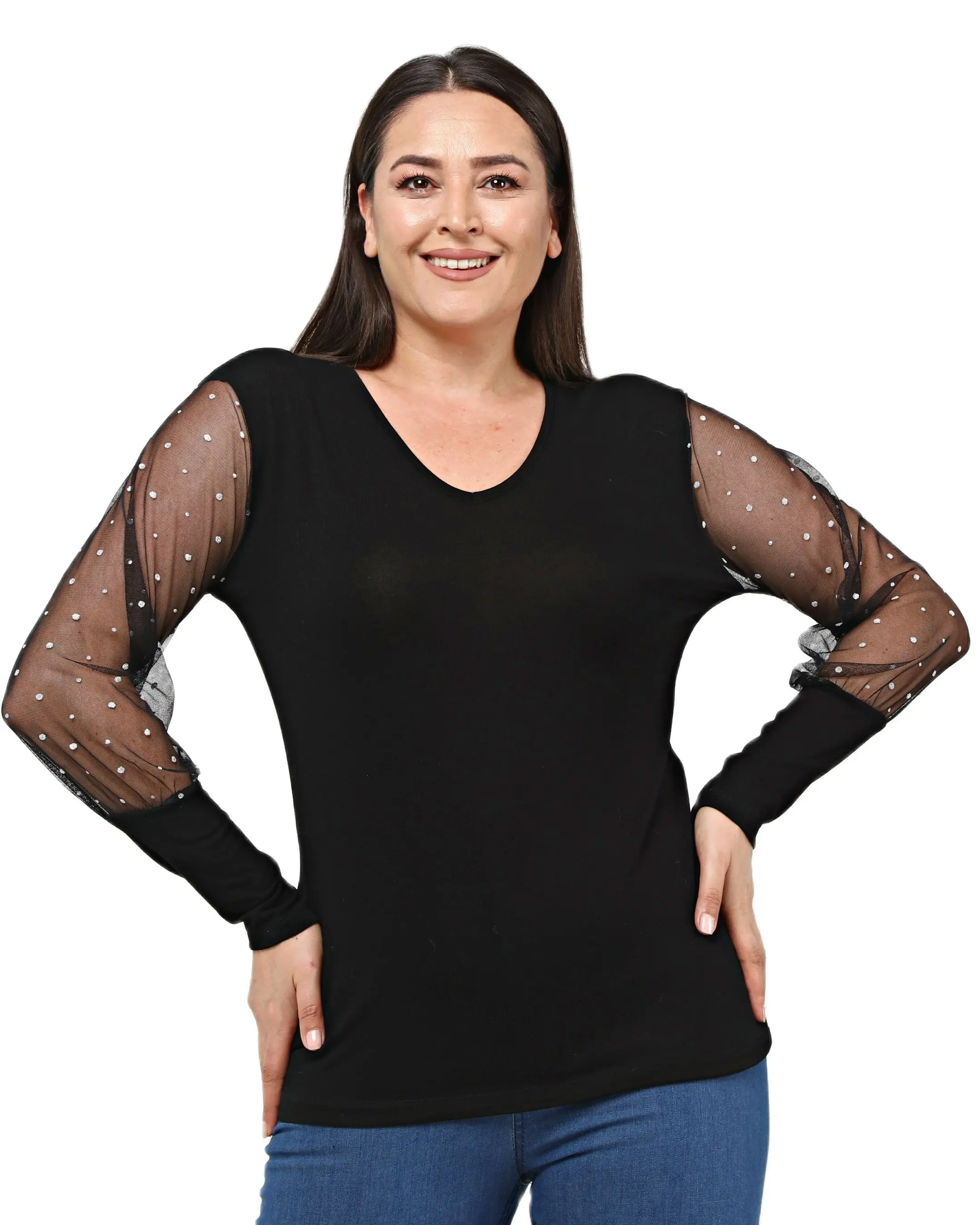 Women’s Plus Size Black Blouse Transparent And Sparkly Dot Detail, Designed and Made in Turkey, New Arrival