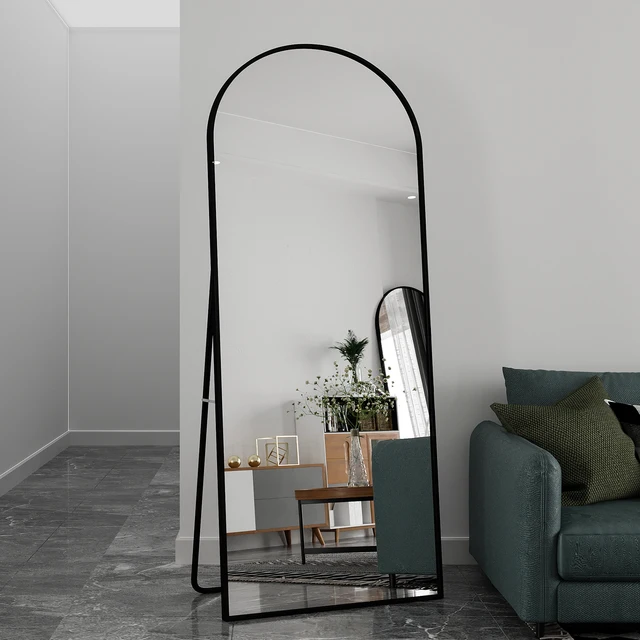 Specchio a tutta massa 180x80cm, specchio curvo con telaio in lega di alluminio nero e vetro rinforzato, con ganci, specchio da pavimento grande HD 1