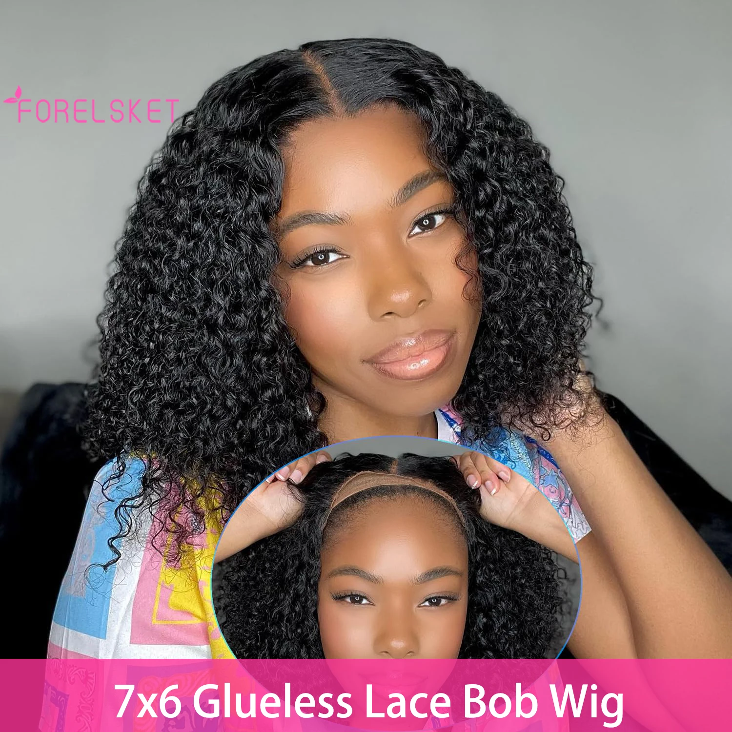 

Wear and Go Glueless Wigs Human Hair 180% Density Short Curly Bob Wigs Upgraded No Glue 7x6 Lace Closure Wig for Black Women