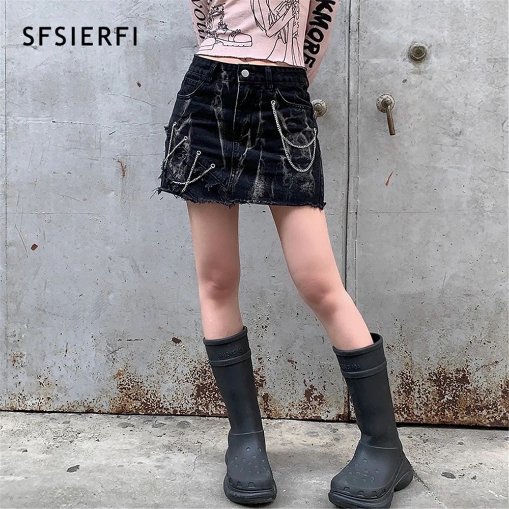

Punk Tie Dye Y2K Denim Skirt Summer Gothic Metal Chain Black Skirts Streetwear Grunge High Waist Korean Slim A -Line Mini Skirt