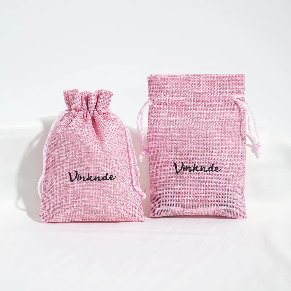 Pink Personalized Logo Burlap Gift Drawstring Bag Reusable Small Jewelry Packaging Natural Linen Jute Wedding Favor Gift Pouches