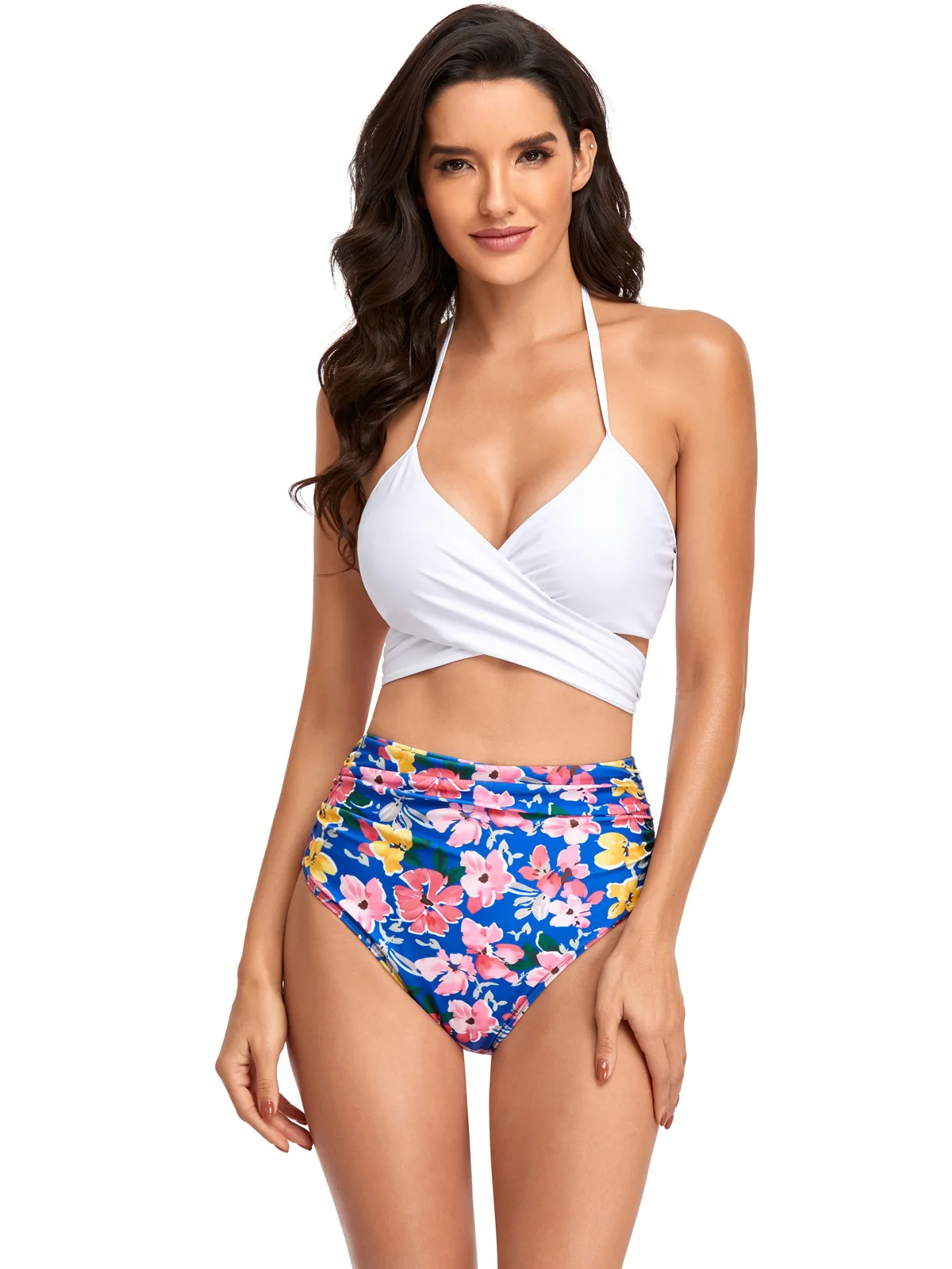 Sexy Girl Women's Clothing Wire Free Swimwears Polyester High Waist Triangle Pure Solor Striped Seal Cross -Speed Lace Bikini