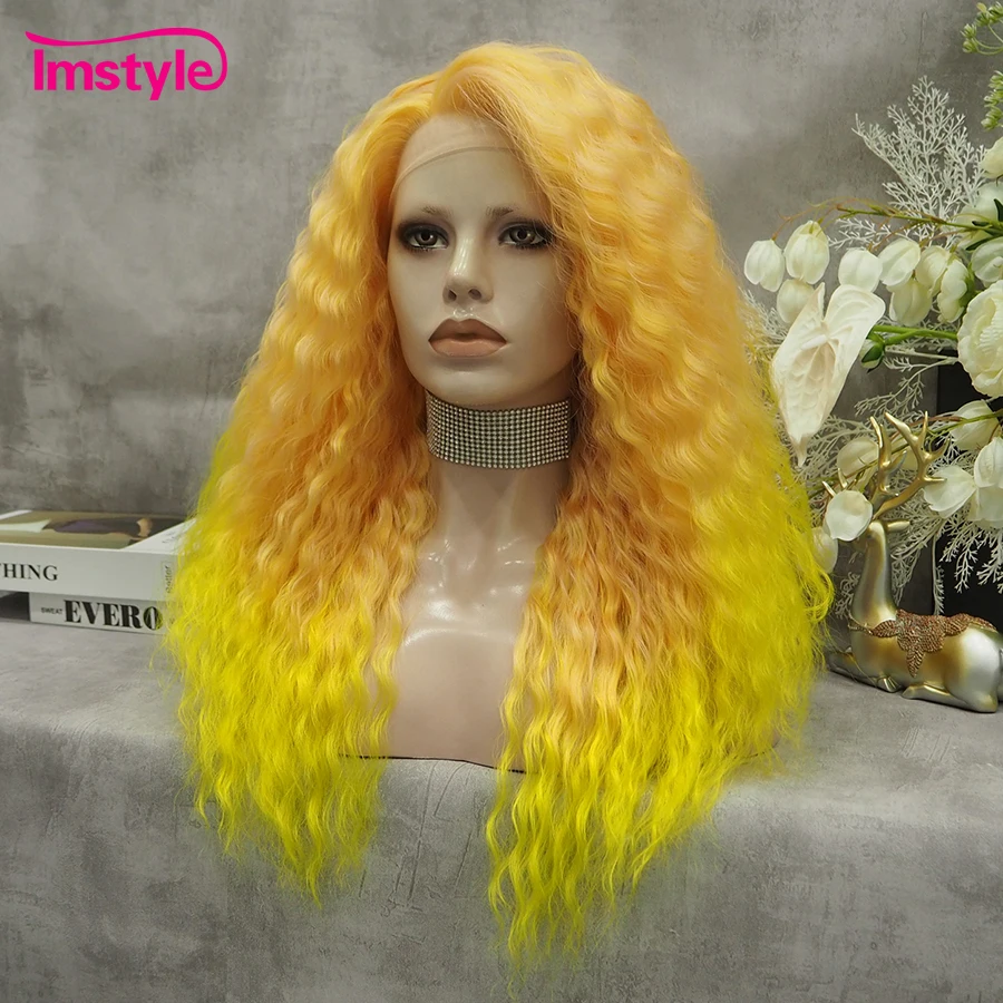 Imstyle Curly Synthetic Lace Front Wig Ombre Orange Wigs For Women Cosplay Deep Wave Wig Two Tone Heat Resistant 22 Inch