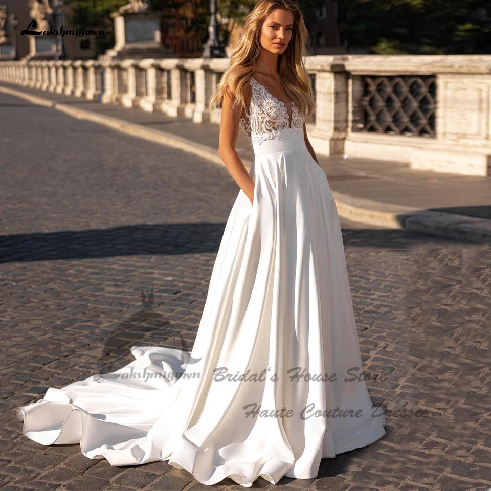 

Lakshmigown, атласные длинные пляжные свадебные платья с карманами, 2024 сексуальный женский кружевной лиф с бисером