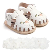 2pcs Baby Girls With Flower Decor Soft Sole Anti Slip First Walker Shoes Prewalker Shoes Summer & Headband For Newborn Infant 3