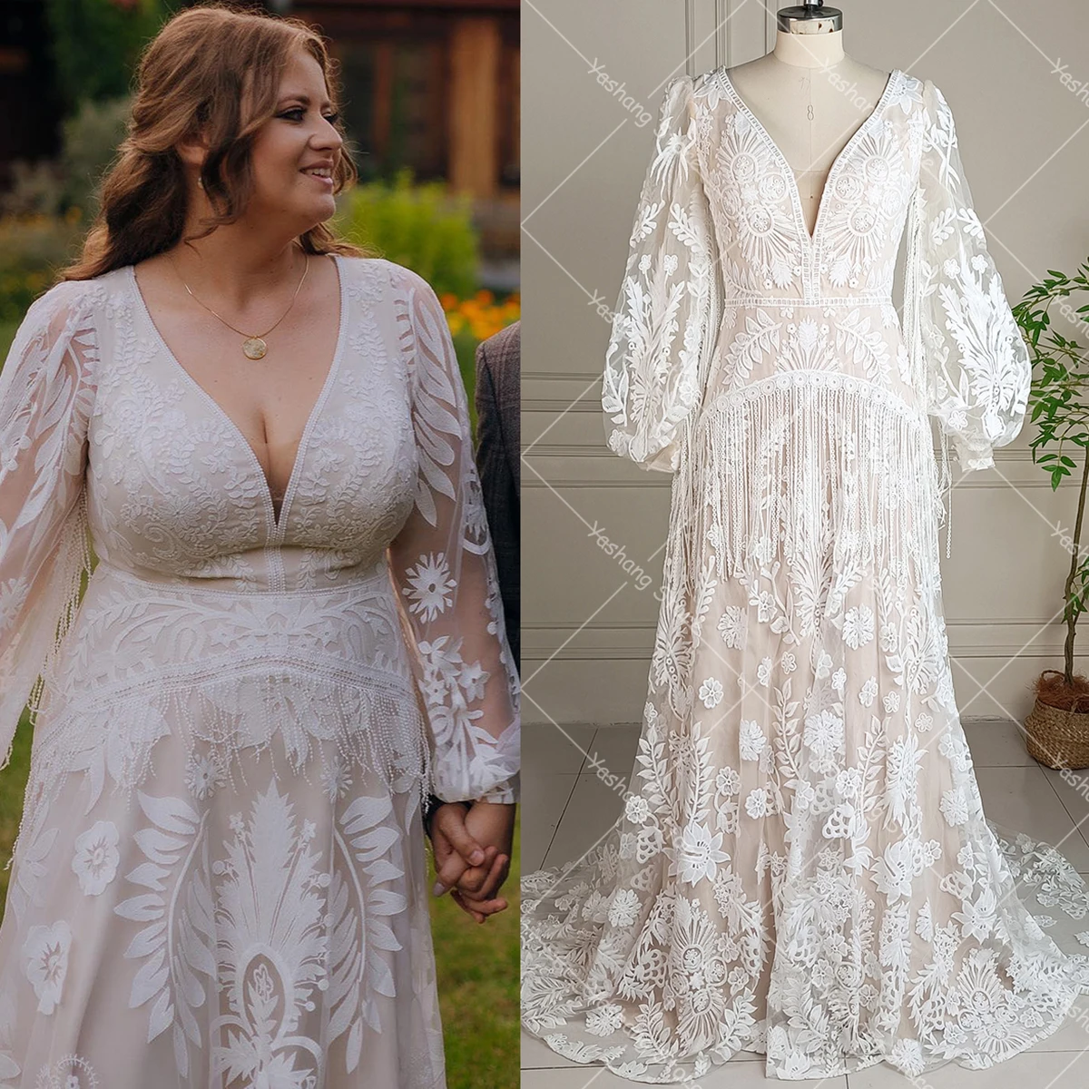Long Puffy Sleeves Embroidered Lace Wedding Dress V Neck Backless Plus Size  Hippie Boho Customized Tassels Bride Gowns - AliExpress 320