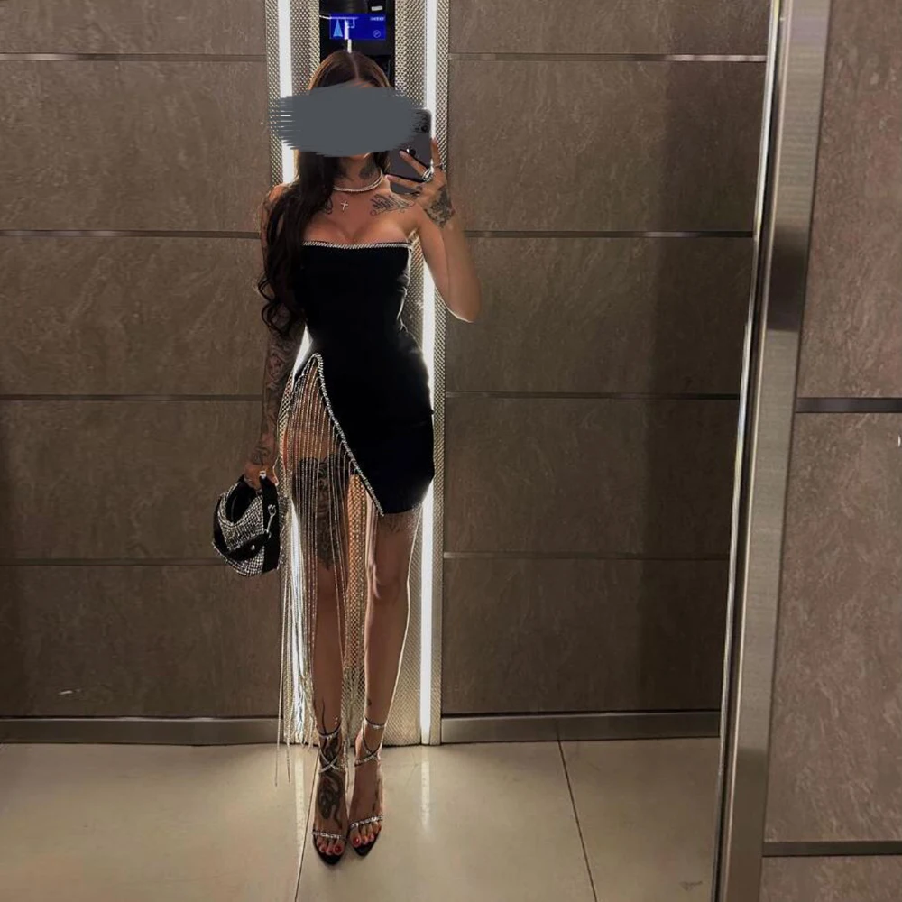 

Strapless Prom Dresses Sexy Side High Split Sequined Mini Cocktail Party Dress Fashion Backless Sleeveless Short Clubbing Gowns