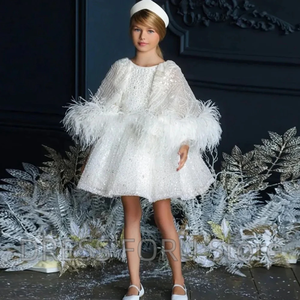 Luxury Cloak Flower Girl Dress with Feathers O-Neck Puffy Shiny Baby Birthday Party Pageant Gown High Quality Custom for Wedding