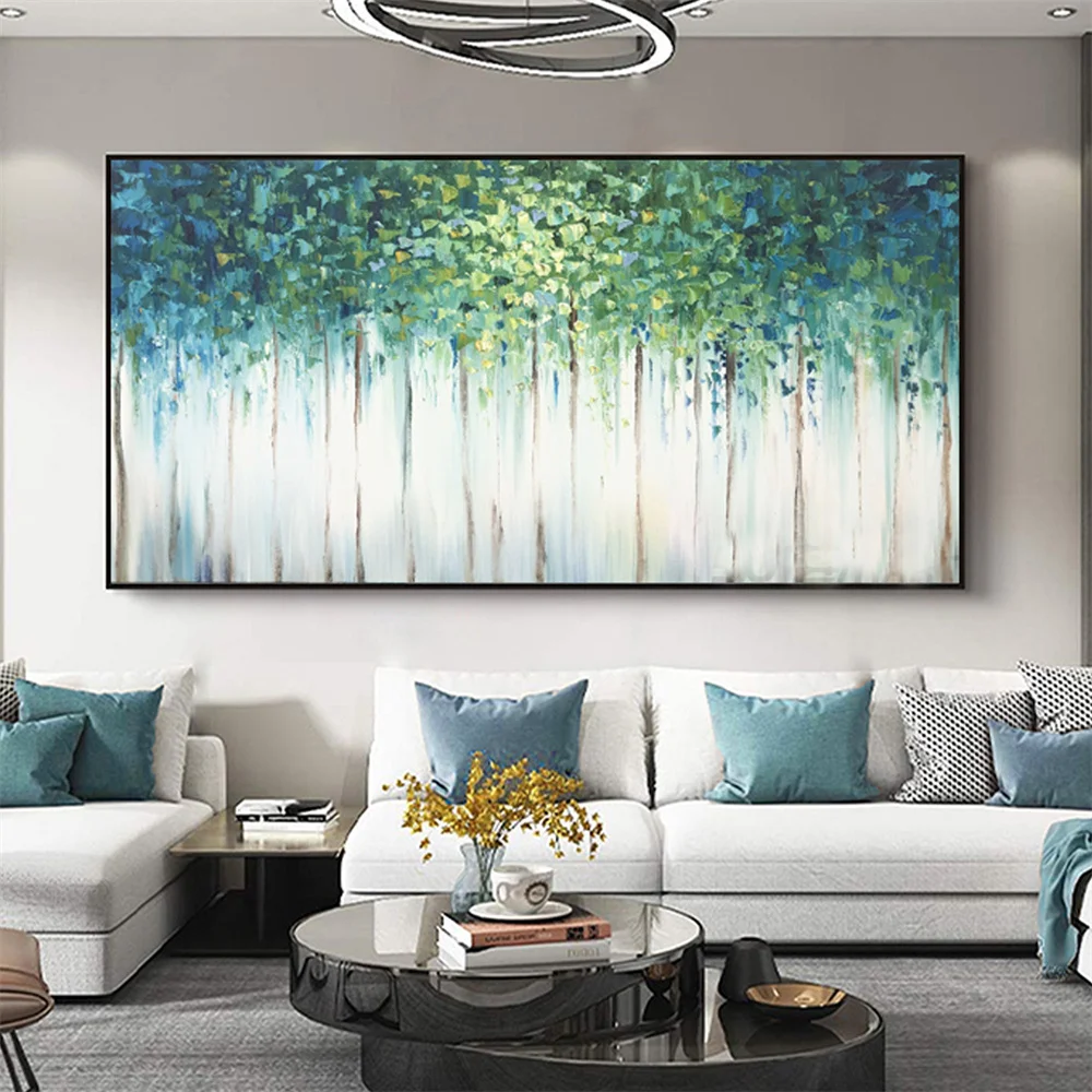 Pintura grande sobre lienzo cielo azul bosque verde paisaje arte de pared  arte de pared grande enmarcado para decoración de sala de estar 29.5 x 59.1