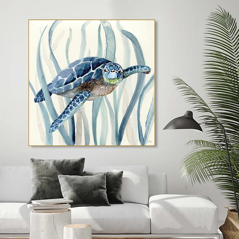 Abstract Watercolor Sea Turtle Swimming in the Sea Canvas Painting Wall Art Modern Seaweed Posters for Living Room Decoration