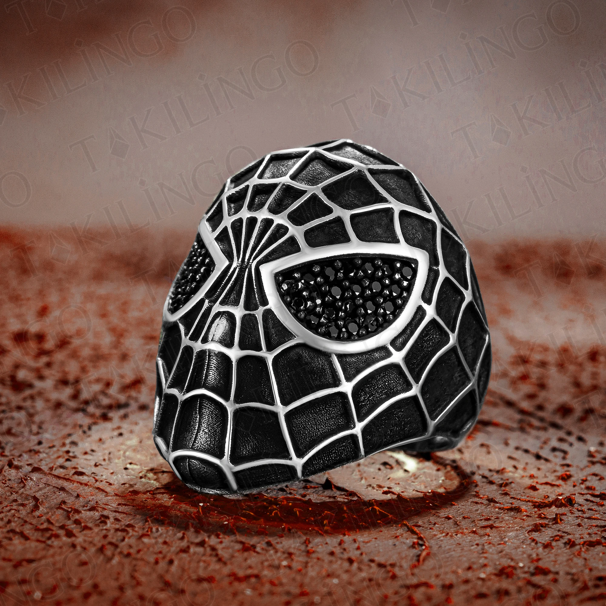

Elegant Stamped Solid 925 Sterling Silver Black Zircon Big Spider Mask Motif Men's Ring PunkChic Accessory Handmade Jewelry Gift