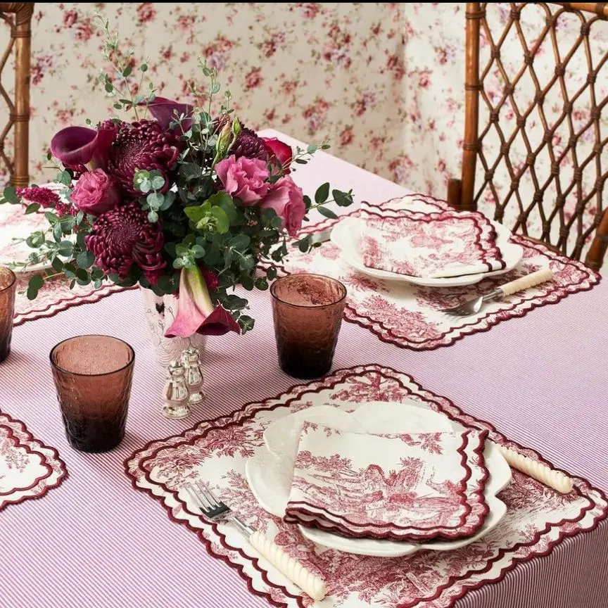

Charming French Countryside Embroidered Placemat and Napkin Set (Set of 8 )- Rustic Elegance for Your Table