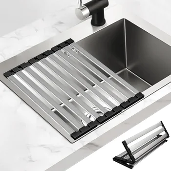 304 stainless steel kitchen sink drain rack, sink bowl and dish storage rack, foldable and retractable drain basket