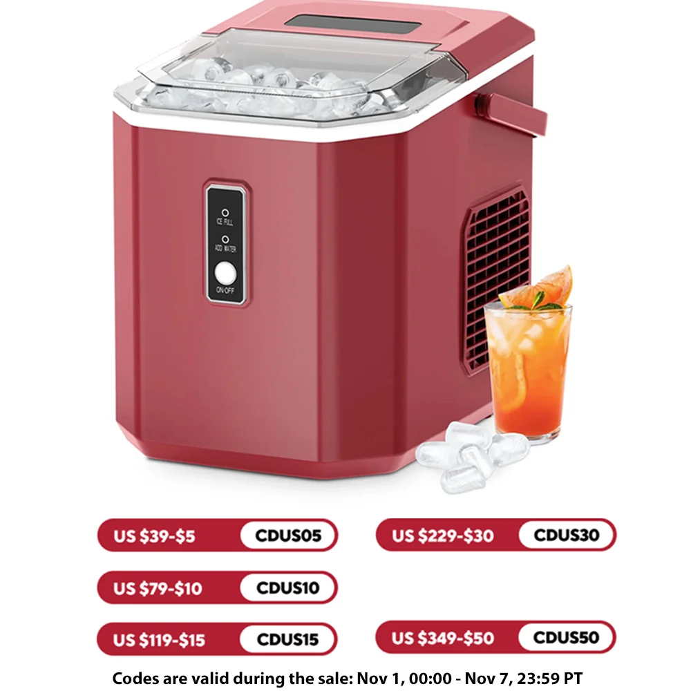 Euhomy Ice Maker Countertop , 26.5 lbs/24H, 9 Cubes in 6 Mins,Self-Cleaning, Portable Ice Maker with Handle for Home,Red