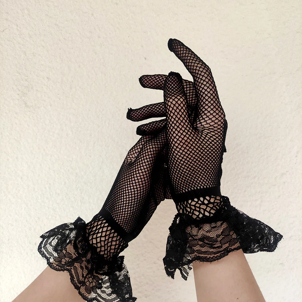 Gants conduite femme été anti-UV fins mesh fishnet dentelle volants doigts complets noir blanc